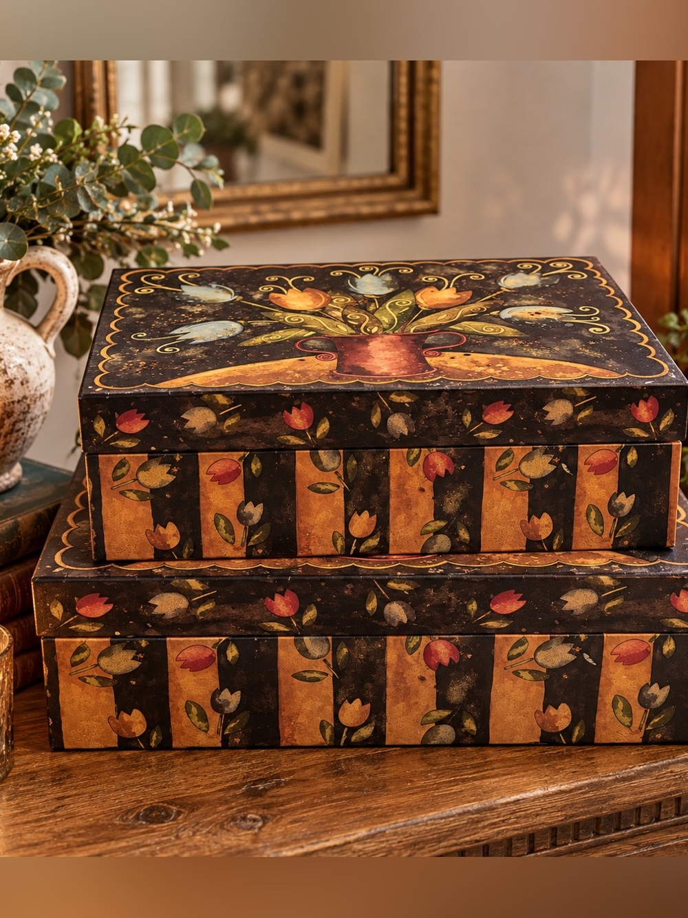 Decorative Floral Storage Box Set - Black & Tan